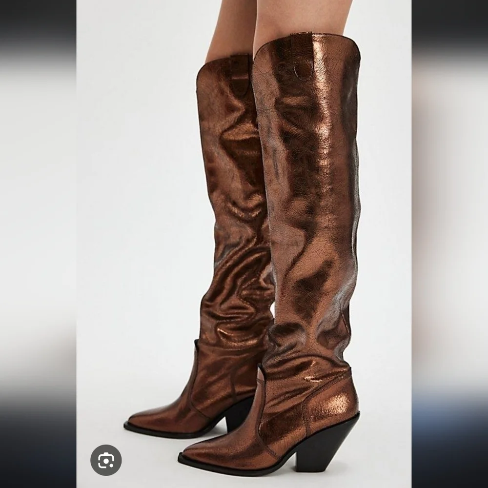 Free People Leather Triple Crown Knee High Boot In Bronze Metallic Size 6.5
